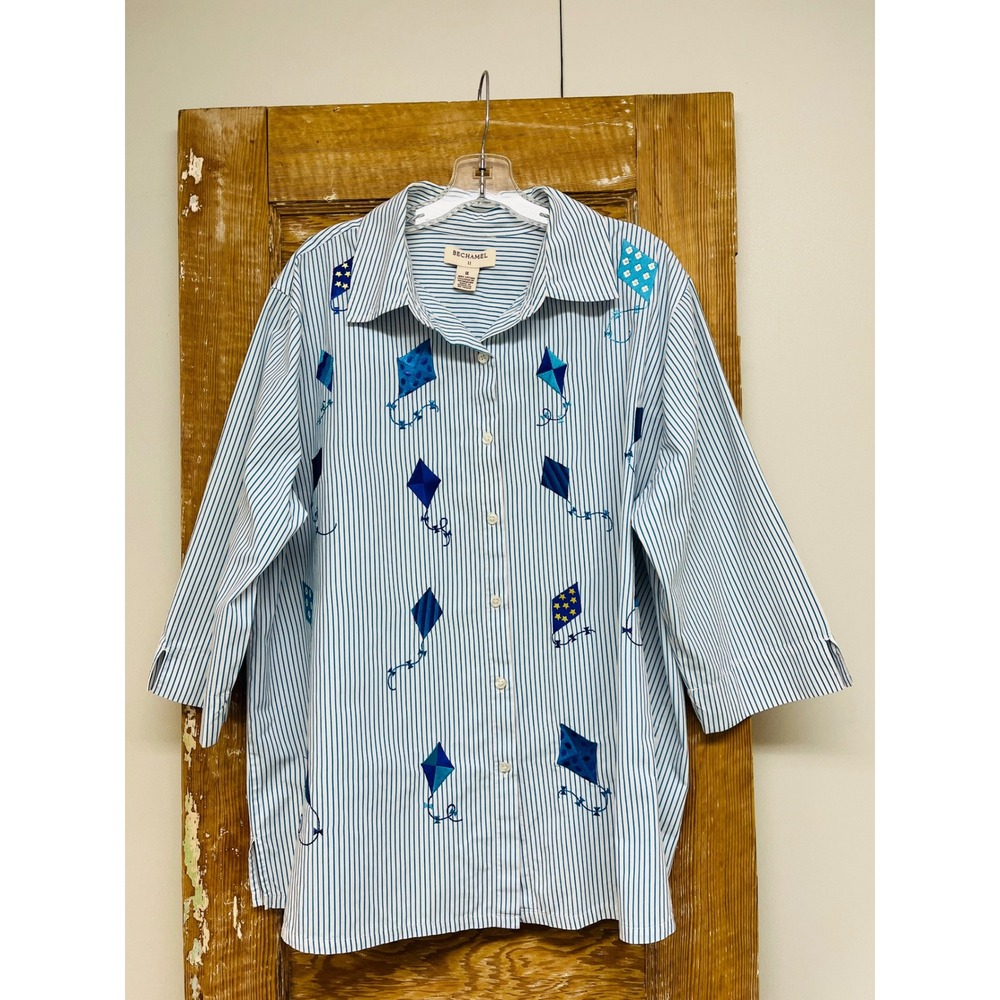 Bechamel Shirt 1X Kite Embroidered Novelty Artsy Whimsical Coastal Spring Summer